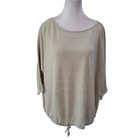 J. Jill Size L Tan Striped Knit Batwing Top Crochet Trim Casual Boho Mature - Picture 1 of 9